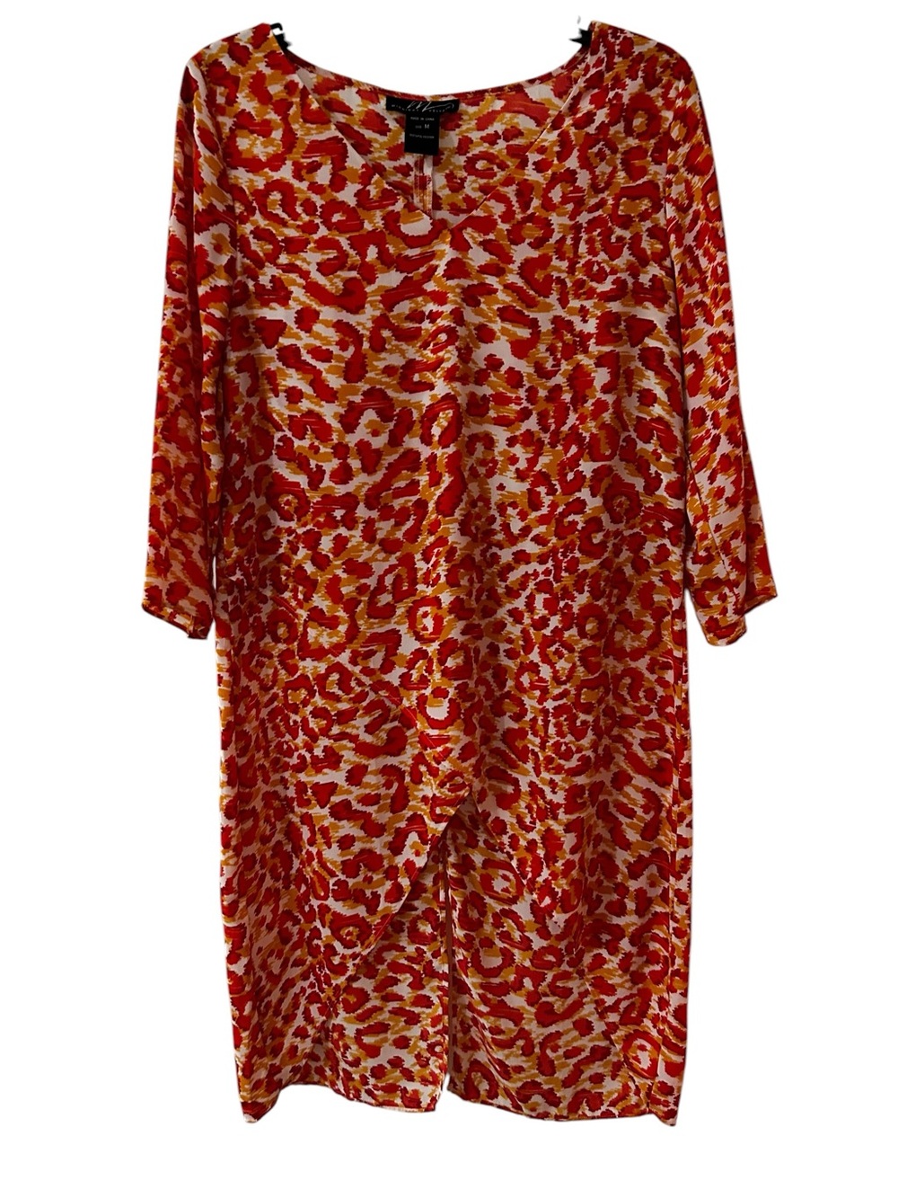 Hi-Low Red and Gold Leopard Print Long Draped Top with Cut-outs